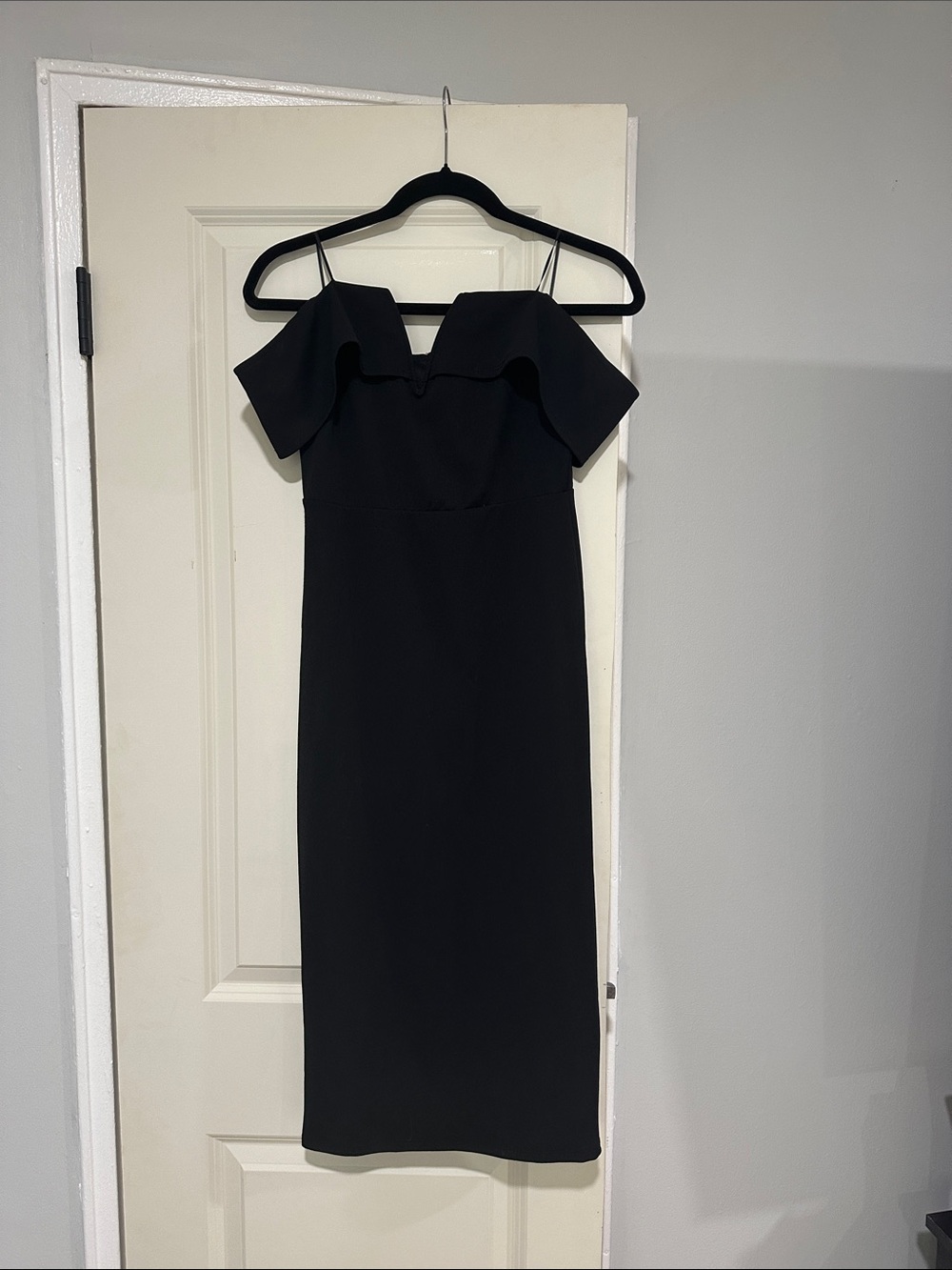 Off the Shoulder Black Midi Dress with v front